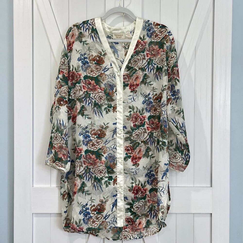 Victoria's Secret Vintage 90s Long Sleeve Dark Floral Opaque Kimono Robe Small - Picture 7 of 7